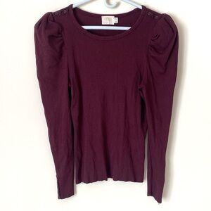 Nation Zeta Burgundy Long Sleeve Puff Shoulder Top Large